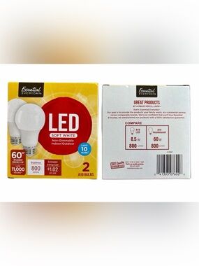 LED 60W  (PACK OF 3) LED SOFT WHITE 2 A19 BULBS ESSENTIAL EVERYDAY. 6 bulbs.